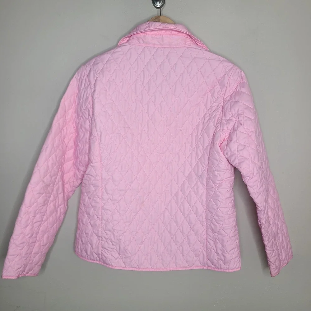 Lands' End Pink Quilted Jacket Sz S Yellow Gingham Plaid Preppy Barn Coat Jacket
